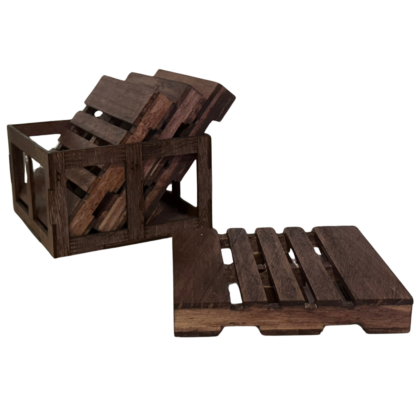 Mini Pallet Coasters with Crate Holder (Set of 4)