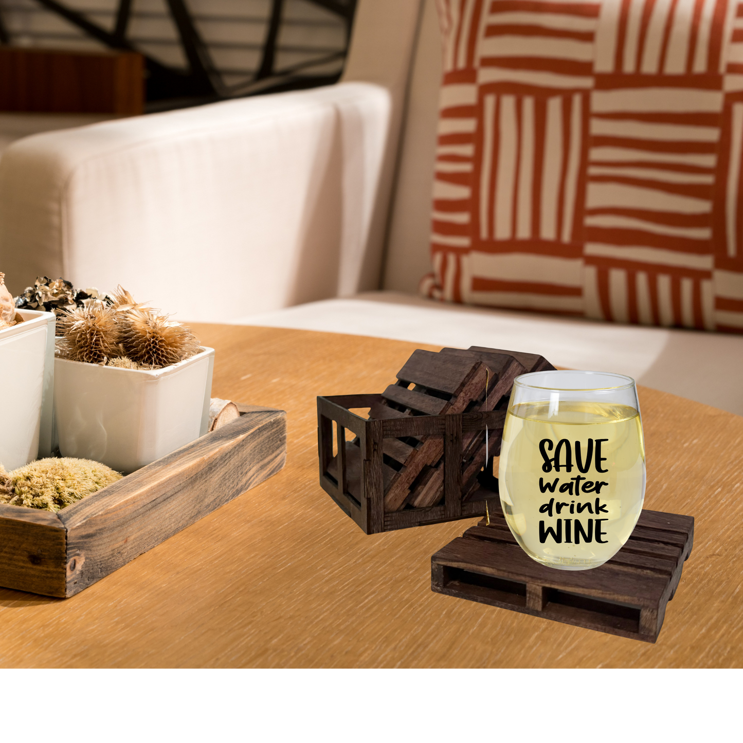 Mini Pallet Coasters with Crate Holder (Set of 4)